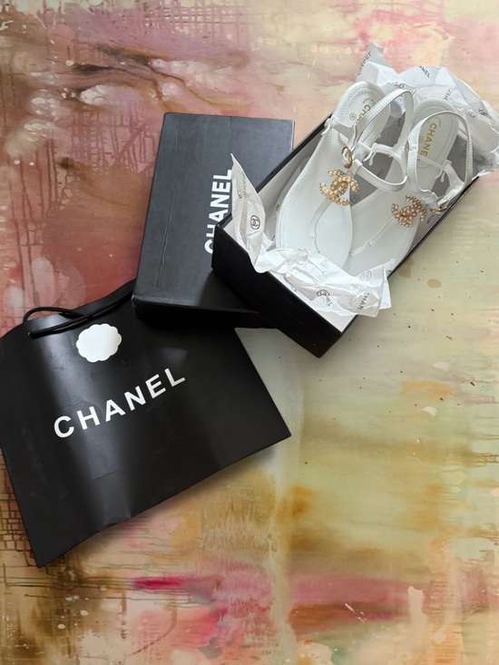 CHANEL Shoes - CHANEL White Pearl-Embellished T-Strap Sandals